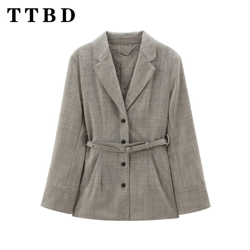 

TTBD 2024 New Winter Ladies Casual Long Sleeve Blazer Jacket with Belt High Street Fashion Office Suit Set