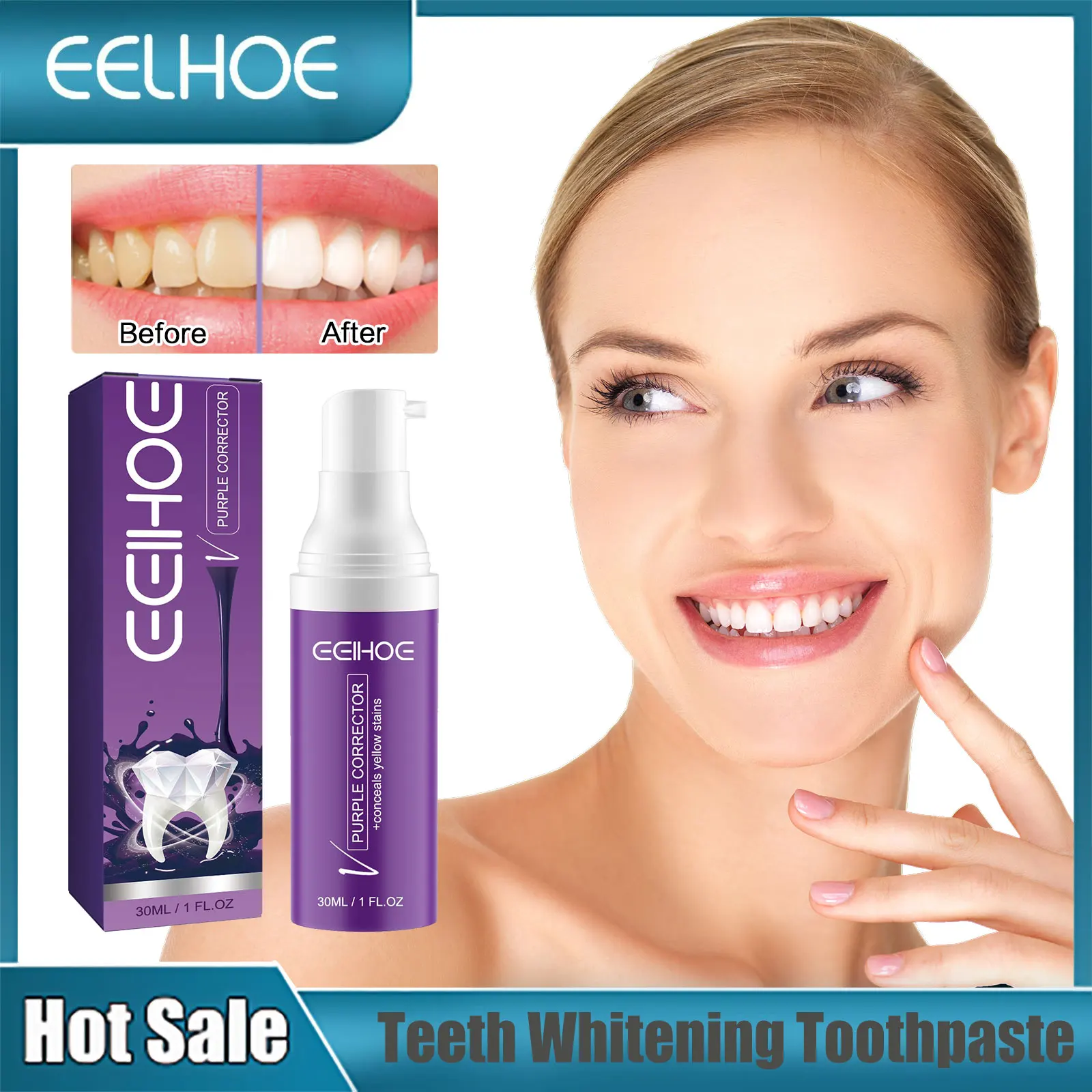 

EELHOE Purple Corrector Toothpaste Bleach Teeth Whitening Remove Stains Teeth Cleansing Refreshing Oral Gingival Care Toothpaste