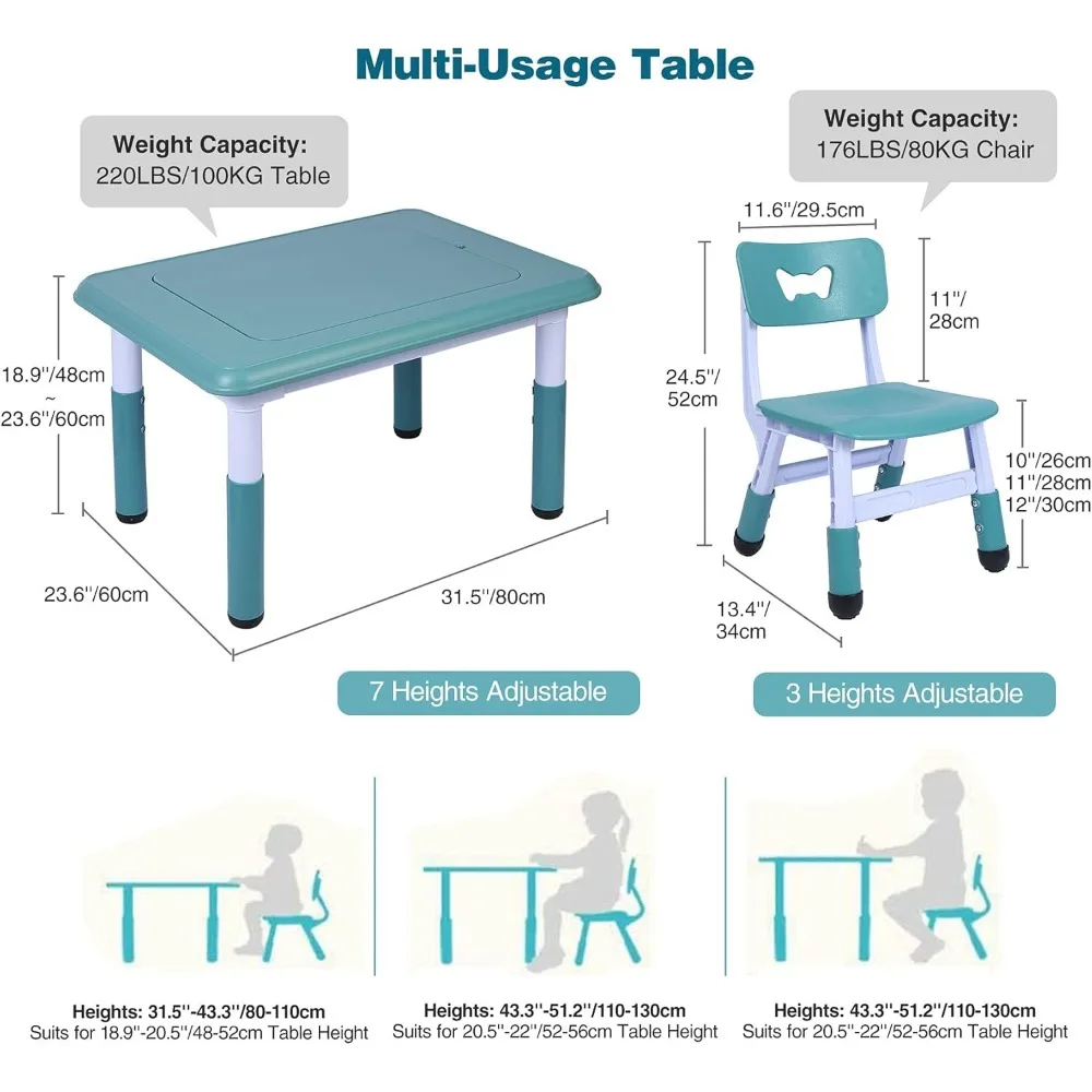 Kids Table and 2 Chairs Set, Height Adjustable, 3 in 1 Multi Activity Building Block Table with 2 Chairs, Storage Bins,