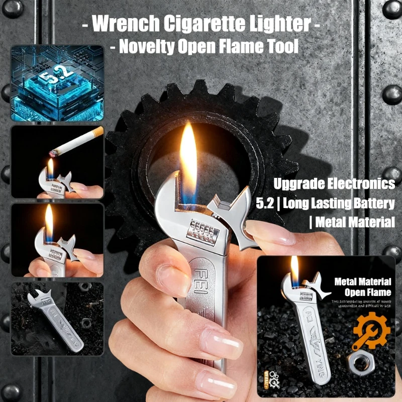 

New Wrench Design Cigar Igniter - Butane Refillable Open Flame, Durable Metal Windproof, Cigarette Lighters Smoking Accessories