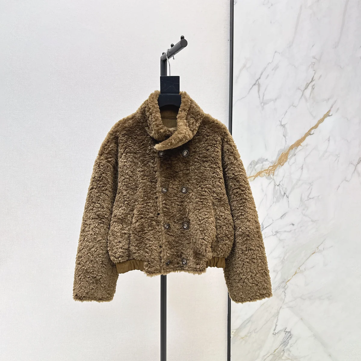 2026 High Quality Women's Faux Suede Fleece Lined Jacket, Stand Collar Double Breasted Short Coat26101791