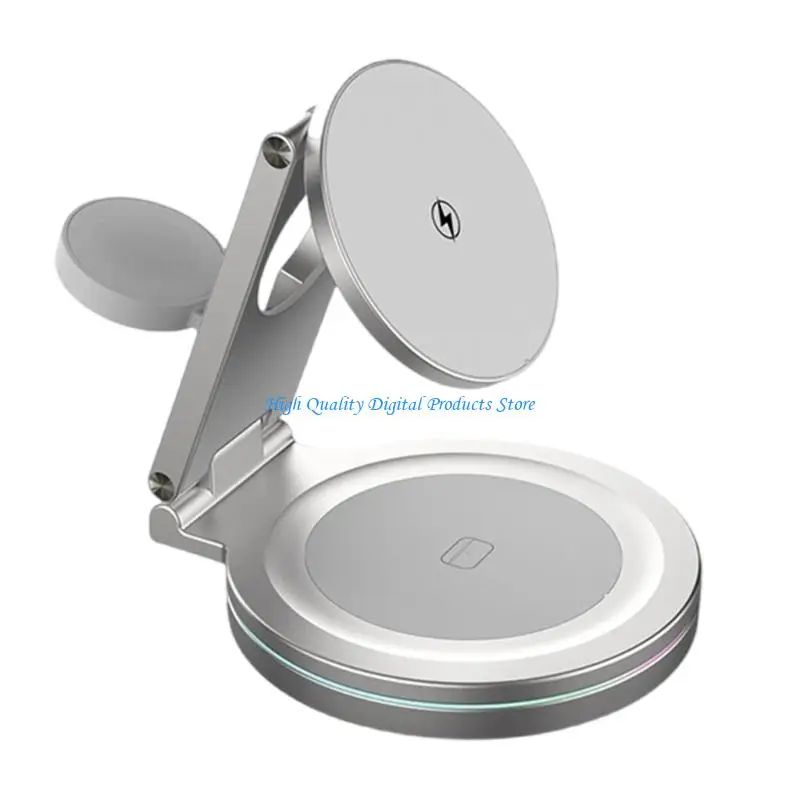 U2JE 360 Degree Rotatable 3 in 1 Wireless Charging Foldable Metal Stand Holder for Phone Watch Earbud Multiple Device Support