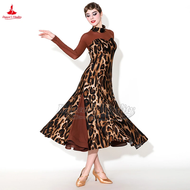 فساتين احترافية لقاعة الرقص بأكمام طويلة وطبعة الفهد البري للنساء البالغات ملابس ممارسة الفالس فوكستروت التانغو Quickstep