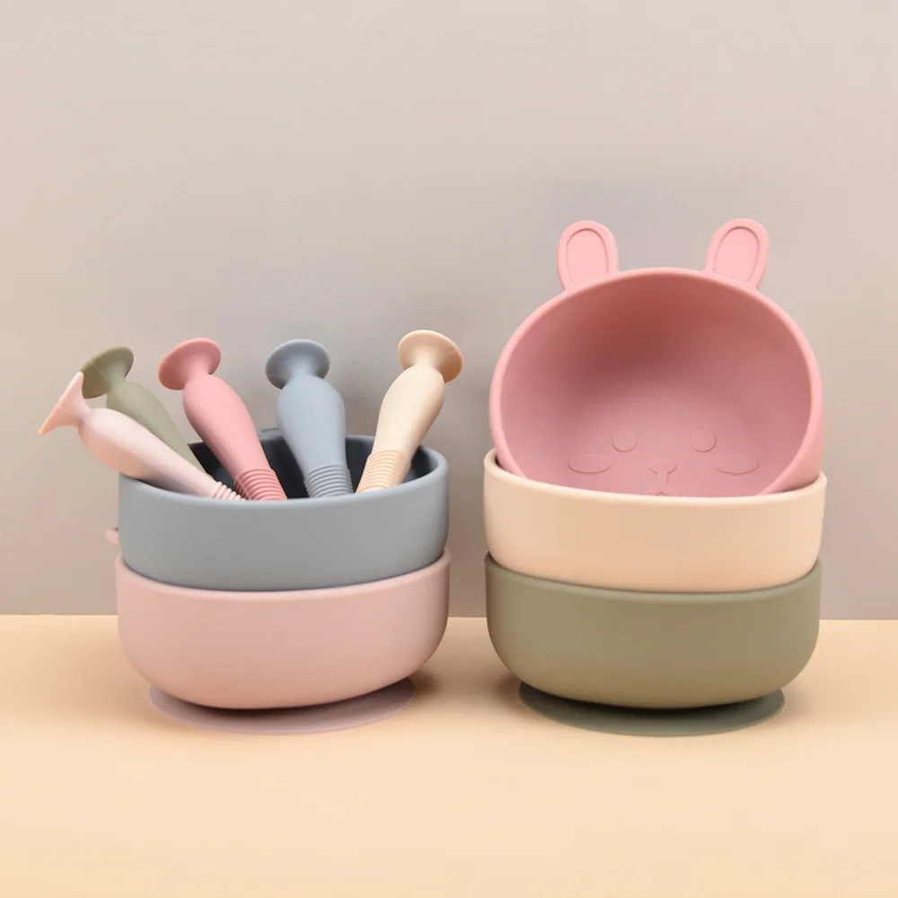 BPA Free Rabbit Silicone Bowl for Baby Silicone Baby Feeding Bowl Tableware Waterproof Spoon Non-Slip Crockery Bowl