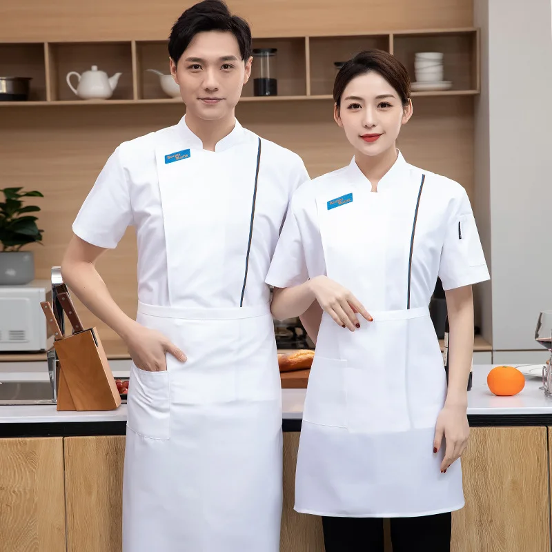 New Chef Overalls Summer Two Sides Mesh Breathable Polyester Cotton Short Sleeve Men's Hotel Dining Kitchen Kitchen Kitchen West