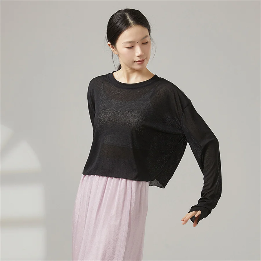 Women Modern Dance Shirt Loose See Through Long Sleeve Back Split Ballet  Practice Dance Clothes Female Yoga Shirts Costume