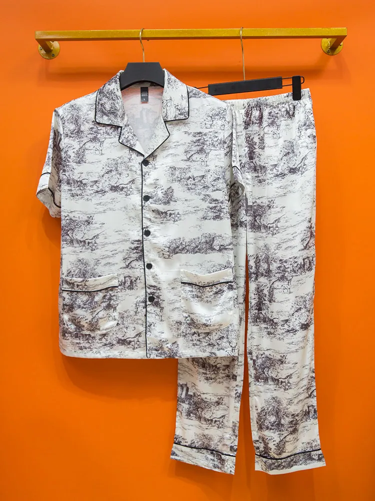 Luxury men's social Hawaiian shirt set, fashionable lapel short sleeved top, long pants two-piece set, casual loose men's suit