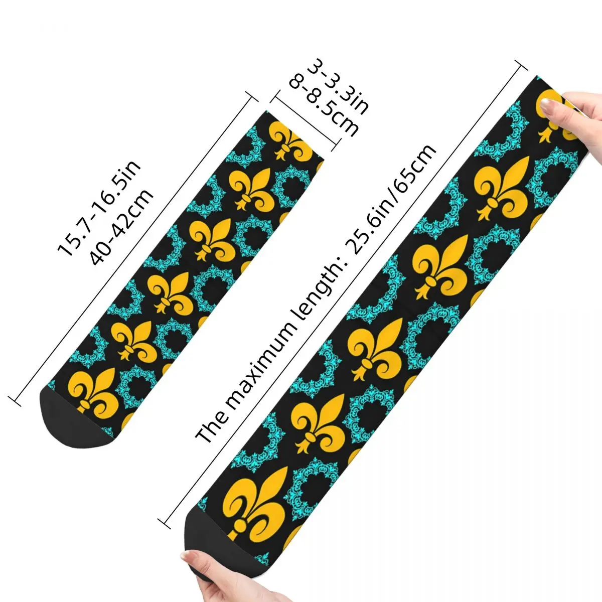 Funny Crazy Sock for Men Damask Hip Hop Fleur De Lis Hibiscus Flower Quality Pattern Printed Crew Sock Seamless Gift