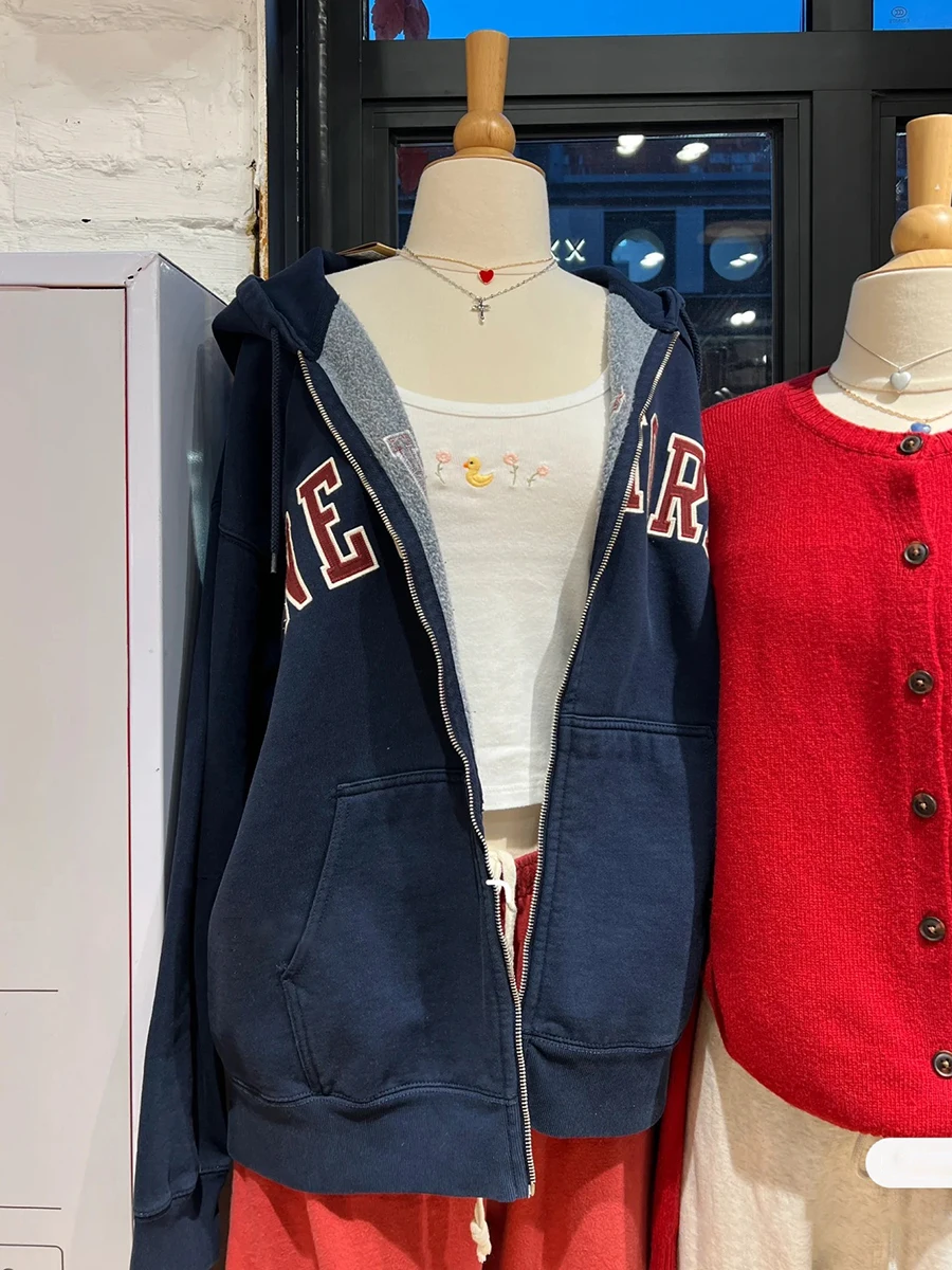 

Толстовка на молнии с вышивкой букв Йорка, женская осенняя хлопковая толстовка с длинными рукавами и карманами, новые винтажные повседневные свободные топы Y2k