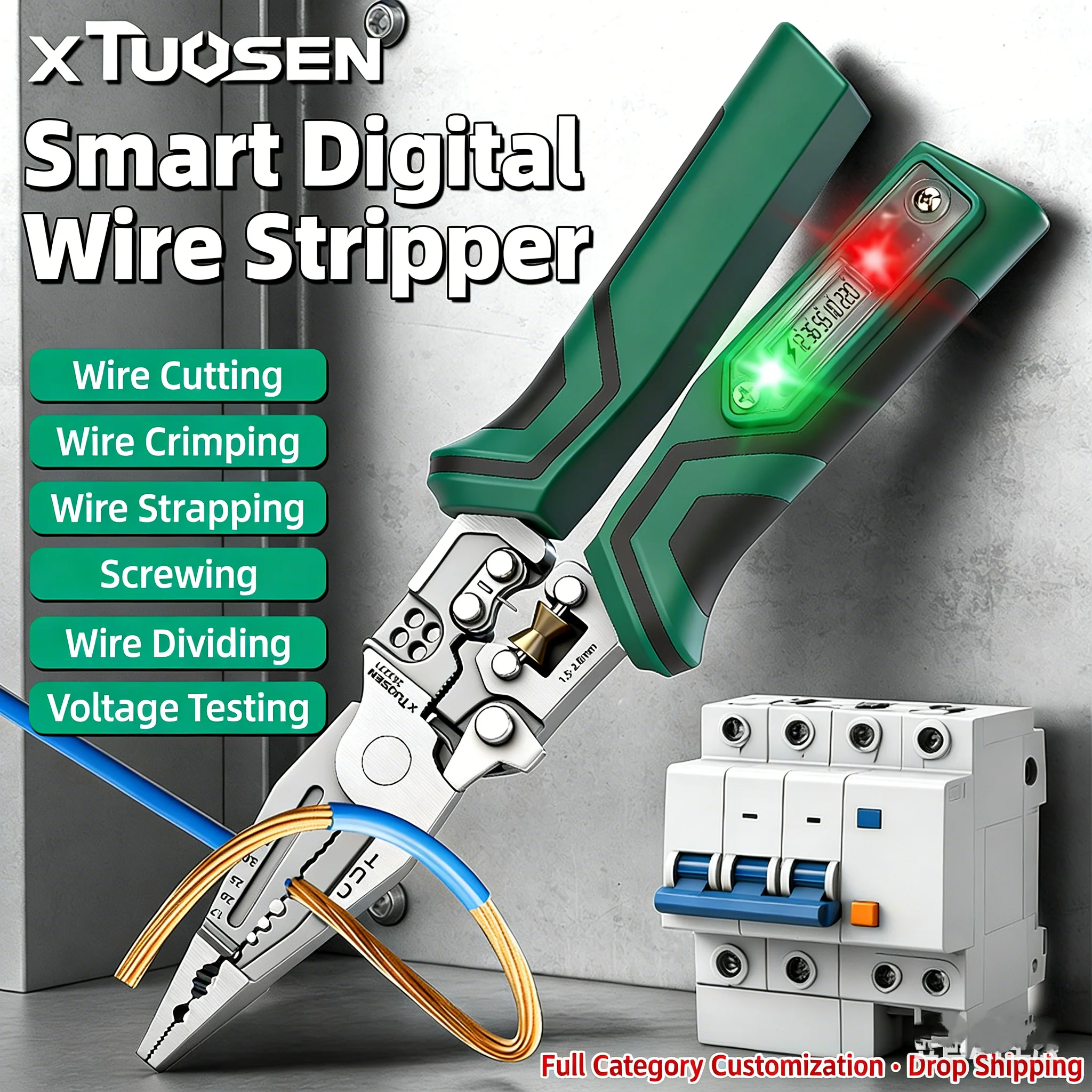 TUOSEN Elektriker-Multitool-Set mit Spannungsprüfer, Abisolierzange und Zange zum Wickeln, Umlindern und Crimpen - Langlebiges Werkzeugset – Detail 1
