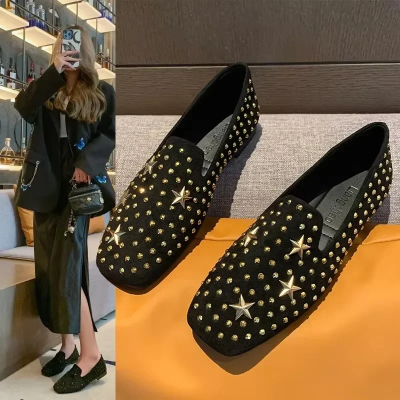 

Women's Loafers Rivet Rhinestones Square Heel Women Work Shoes Comfortable for Leisure Versatile Canvas Flat Shoes Zapatos Mujer