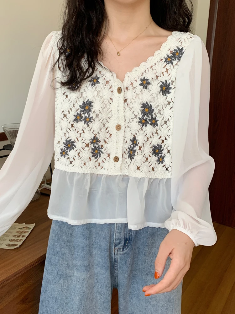 Crochet Knit Blouse with Chiffon Sleeve Peplum Button Front Shirts for Women Spring Summer Vacation Beach Wear