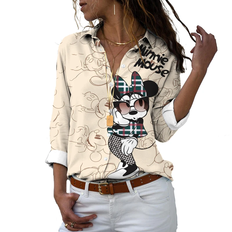 Floreale elegante camicia con risvolto Harajuku Casual femminile Disney Top temperamento camicia a maniche lunghe elegante Top Fashion camicia allentata Y2K