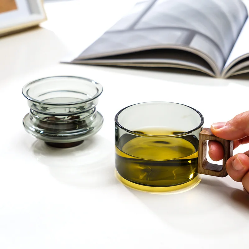 Heat Resistant Glass Tea Cup, Tea Water Separation Wood Handle Cup with Lid, Three Piece Set