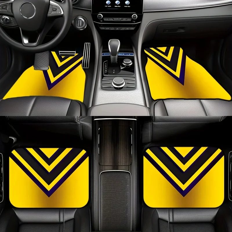 4pcs Yellow Black Purple V-Shaped Glow-in-the-Dark Car Floor Mats - Trendy Mecha Design, Durable Non-Slip Universal Fit For Cars