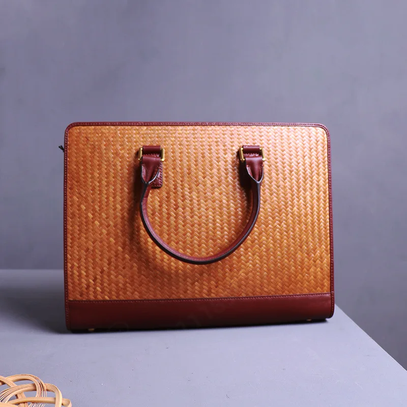 Handwoven Bamboo & Genuine Leather Briefcase, Handheld Laptop Bag, Men Women Ethnic Craft Handbag Daily Office Storage