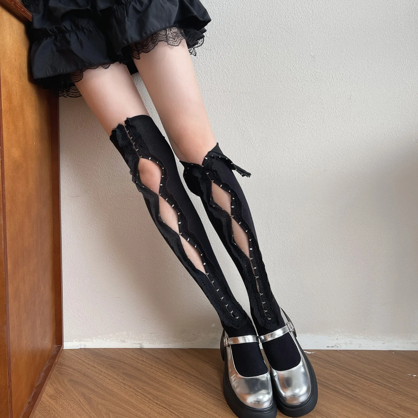 Japanese niche Lolita hollow lapel underwear buckle fashionable sweet girl thin personality long tube knee sock women with skirt