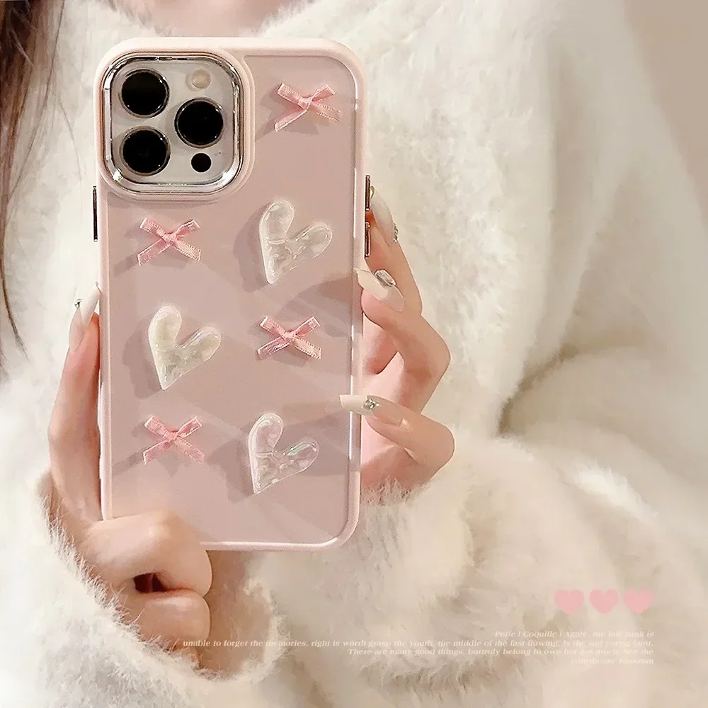 3D Pink Love Heart Bow Phone Case for IPhone16 15 14 12 13 11 Pro ProMax Mini Plus X XR Shockproof Phone Cover