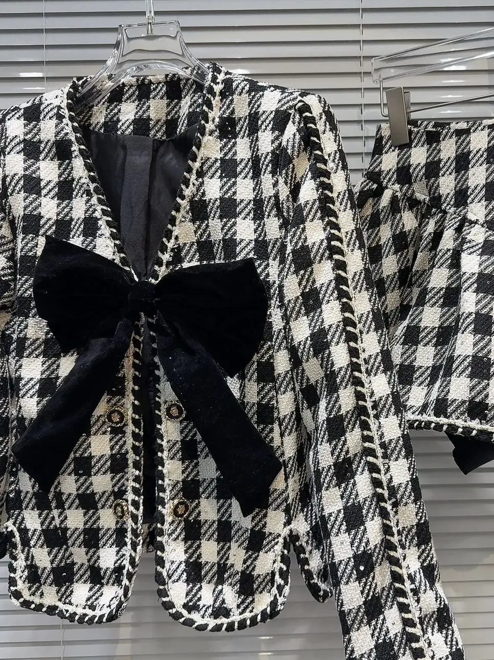 HIGH STREET Newest 2024 Designer Runway Suit Set Women\'s Black White Checkered Large Bow Short Jacket Ruffle Mini Skirt Suit