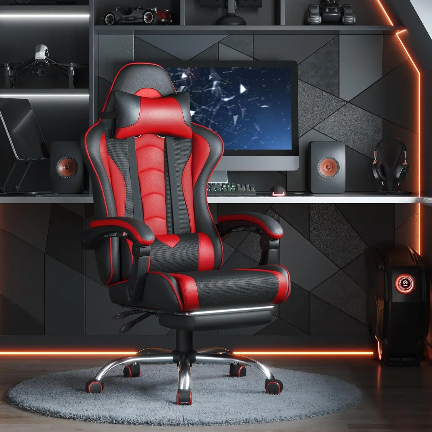 Yaheetech Gaming Chair, Video Game Chair With Massage Lumbar Support And Footrest Height Adjustable Ergonomic Computer Chair