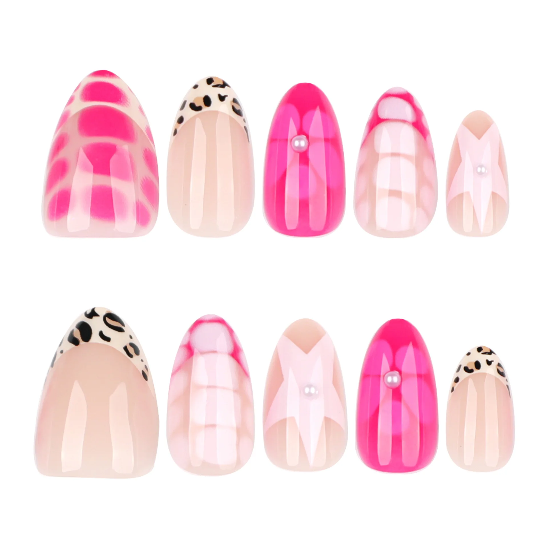 24Pcs Short almond False Nail Rose red flowers stars Wearable Manicure Press ON Nails Solid