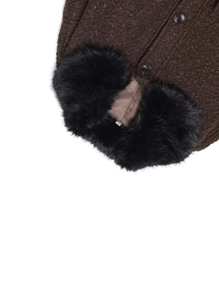 

HH Women Fashion Casual Furry Collar Twill Winter Warm Jacket Female Solid Versatile Pocket Single-breasted Long-Sleeved Jacket