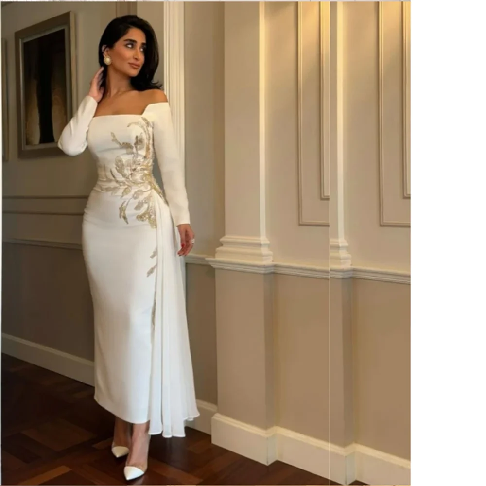 Elegant White Women Prom Dresses Off the Shoulder Full Sleeves Ankle Length Slim Fit Fancy Flowers Mother of the Bride Gowns