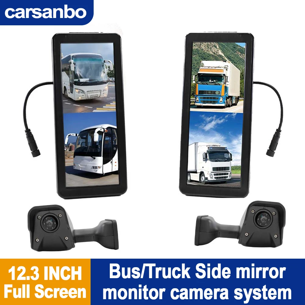 Carsanbo For Truck Side Mirror Monitor With 1080P Dual Lens Camera 12.3 Inch Monitor Video Recording Function Bus Work Vehicle