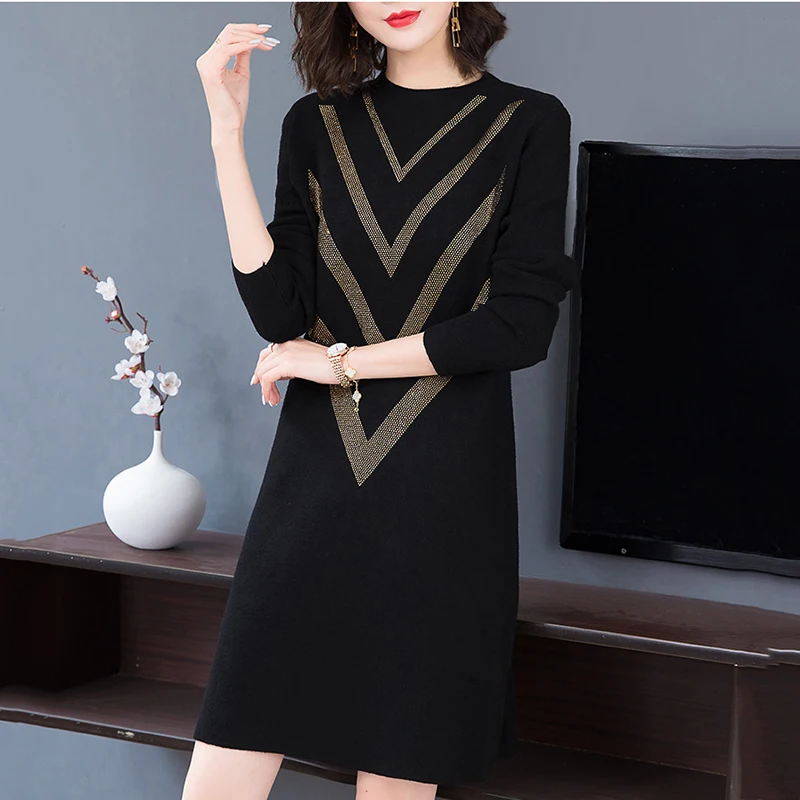 2022 New Spring Fall Hot Drill Wool Sweater Knitt Dress Women Fashion Loose Sweater Female Outer Wear Mid-Length Bottom Shirt