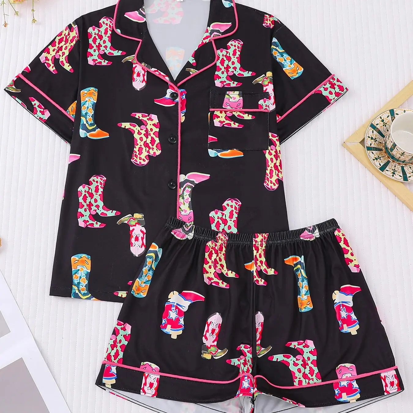 

Trendy Western Denim Boots Printed Pajamas Black Bottom Women's Flip Collar Cardigan Elastic Waist Shorts Home Two Piece Set