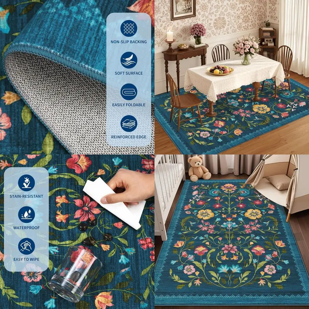 

Моющийся коврик 5x7 для гостиной и столовой, нескользящий стиль в стиле бохо с резиновой спинкой, устойчивый к пятнам винтажный синий ковер