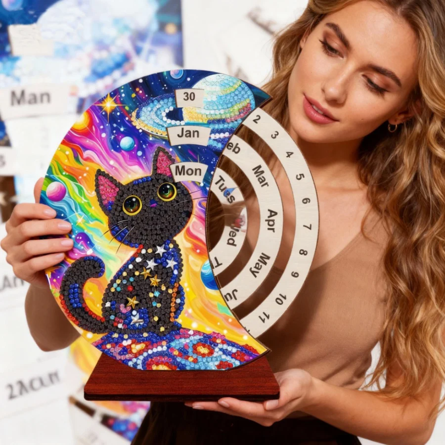 

2026 New style Special Shaped DIY art Diamond Painting Black Cat Calendar Diamond Handmade Rotating Calendar Desk decorations