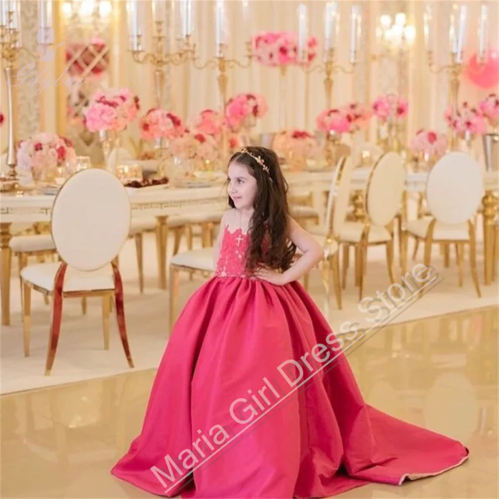 Red Satin Flower Girl Dress Fluffy Children's Baptism Party Events Performances First Communion Dress for Weddings Birthdays