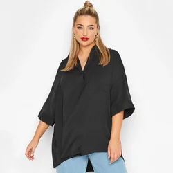 Plus Size V-neck Spring Autumn Elegant Hi Low Blouse Women Loose 3/4 Sleeve Black Tunic Tops Large Size Blouse And Tops Shirt 6X