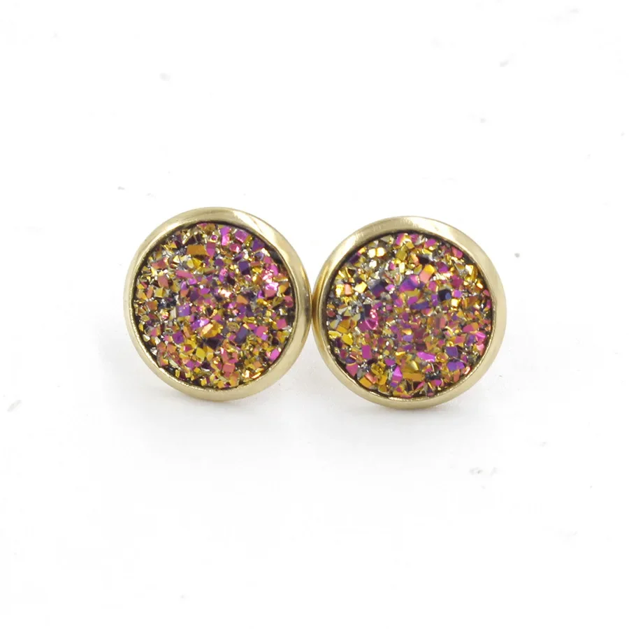 12MM Druzy Drusy Earrings Resin Cabochon Gold Color Stud for Women Men Girl Jewelry Gift