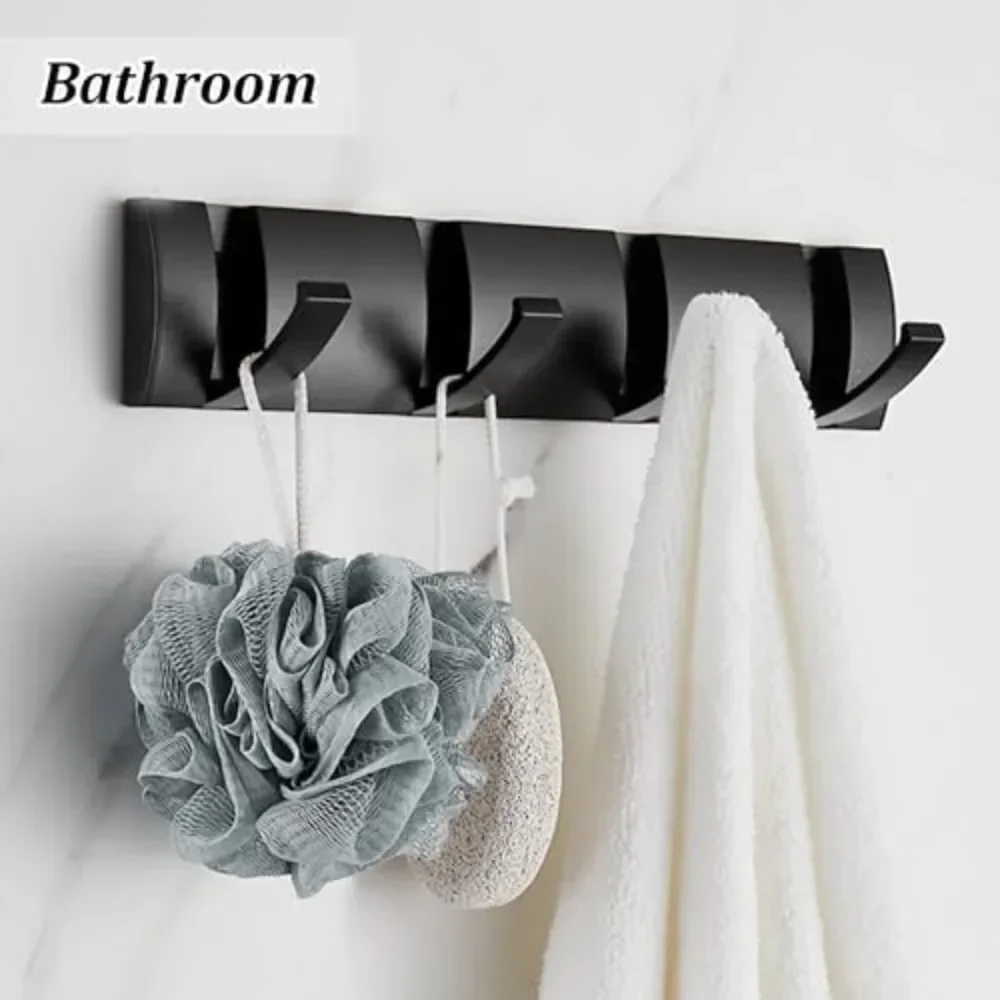 

Coat Hooks Wall Mounted Heavy Duty Metal Folding Towel Hanging Black (4 Hooks)
