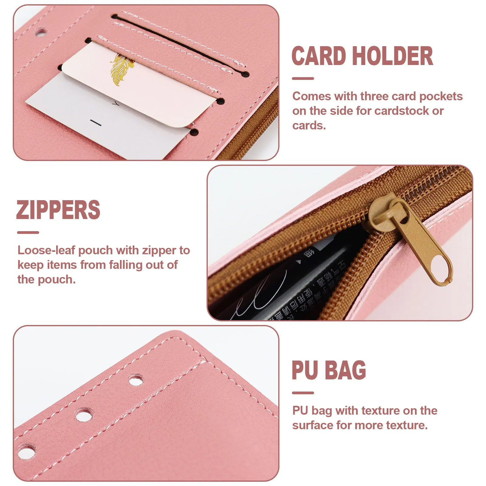 A6 Pink  6-Ring Notebook Binder Loose Leaf Document Filing Bags DIY Document Bag Binder Rings PVC Storage Binding Folder