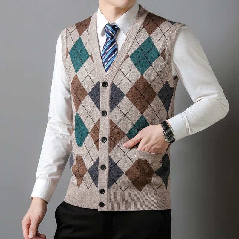 Men Wool Knit Vest Sleeveless Buttons Down Sweater Basic Thick for Autumn Winter Plaids Checkered Checkboard Khaki 7866-01