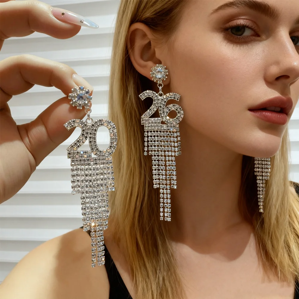 

Full Rhinestone Crystal Flower Number 2026 long-sleeve fringe Earrings Near Year Party Gift for Women Christmas