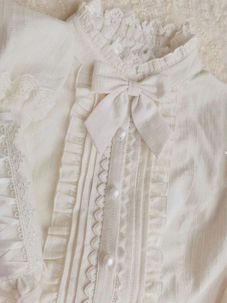 Lolita Sweet Blouses Women Solid Color Bow Bandage Ruffles Stand Neck Lantern Sleeve Shirts Spring Autumn Preppy Style Clothing