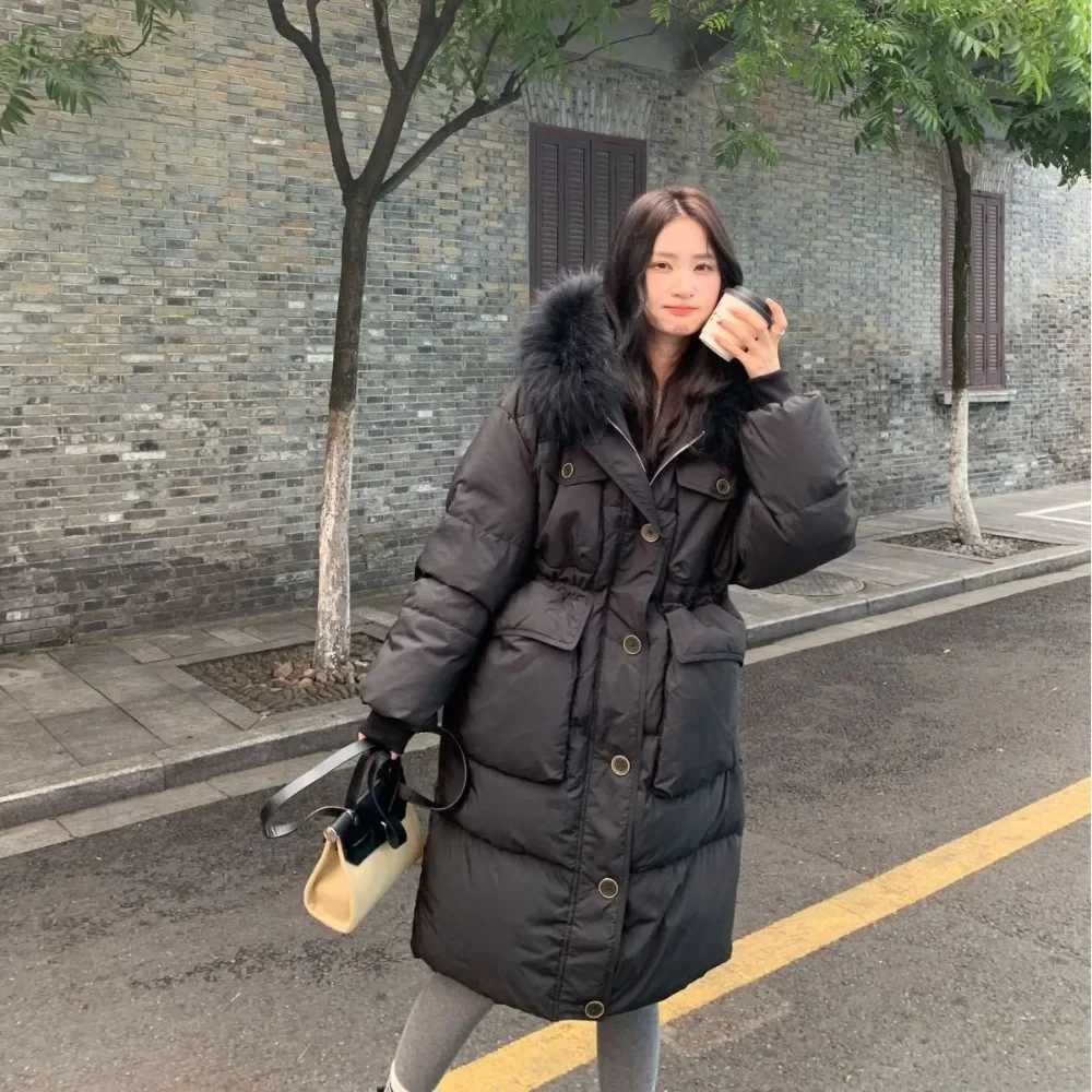 Fur Jacket Female Feather Waterproof Winter Long Puffer Jacket 2024 Fashion Real Raccoon Fur Hooded White Duck Down Jacket Women