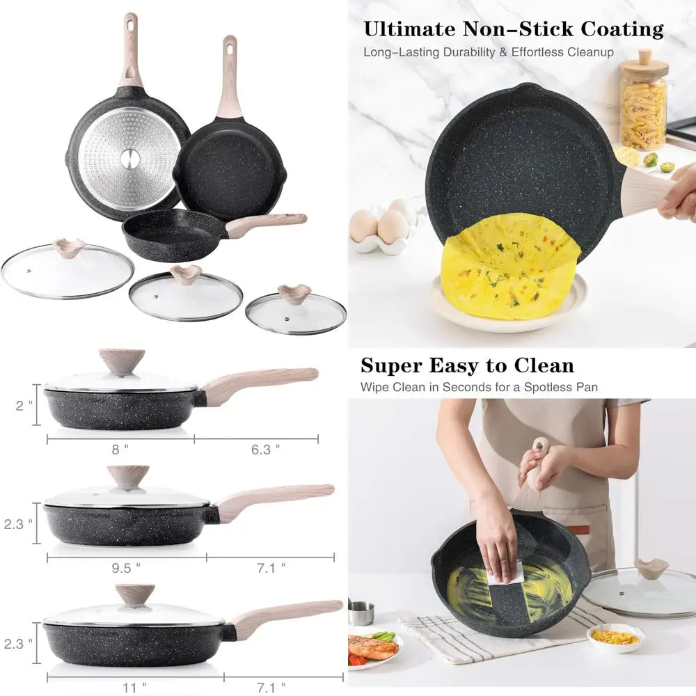 

Nonstick Frying Pan Set with Lids, 3 Piece Skillet Set, Healthy Induction Cooking Pan, Stay-Cool Handle, Compatible with All Sto