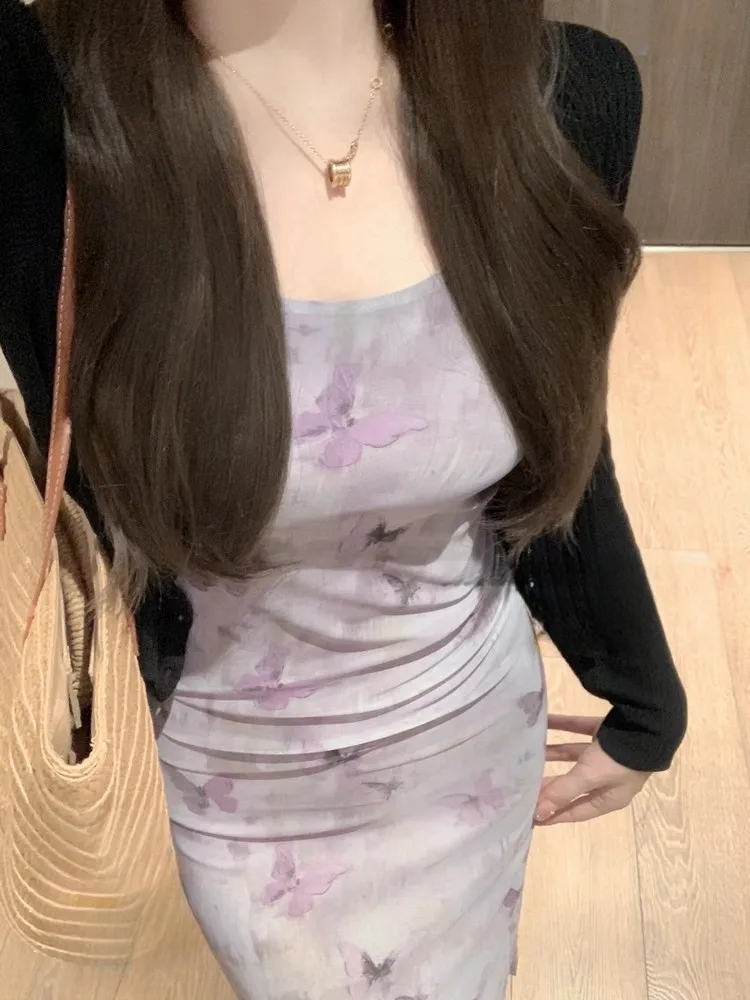 Purple Gradient Print Mesh Halter Dress Women's Slim Fit High Slit Summer Dress Commute Style High Waist Print Dress