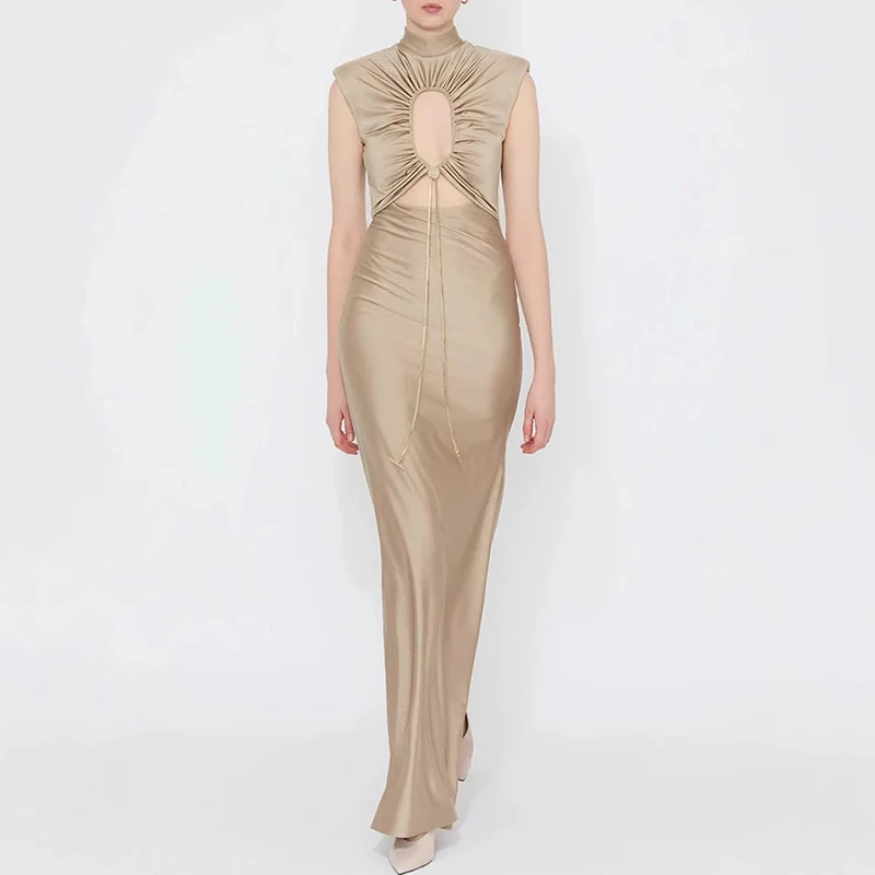 Trendy Woman Clothes 2025 Spring Solid Lace-up Draped Party Dress Woman Hollow Slim Long Dress Summer Sleeveless Zips Boho Dress