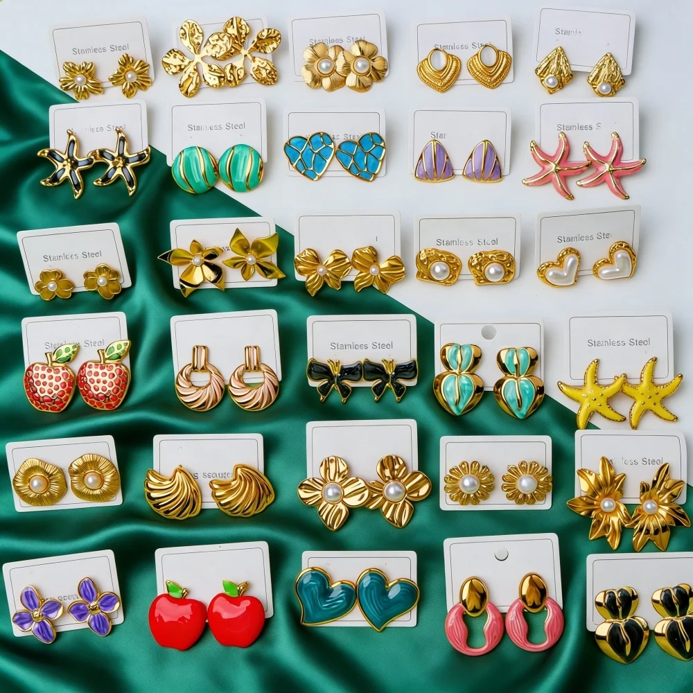 6/8/12Pairs/Lot New Fashion Colorful Enamel Imitation Pearl Earrings Women Flower Starfish Geometric Shapes Daily Jewelry Gifts
