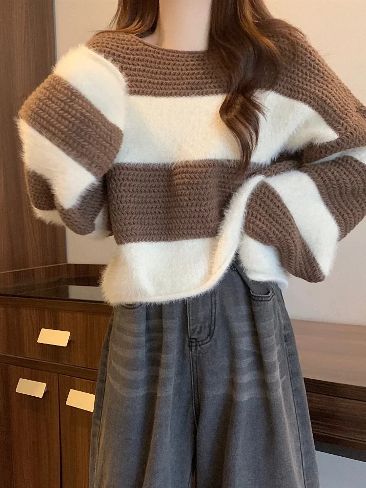 

Осень-зима, женский свободный длинный вязаный ор-свитер свека, модный теплый свитер из меха кролика в полоску, цветная блузка