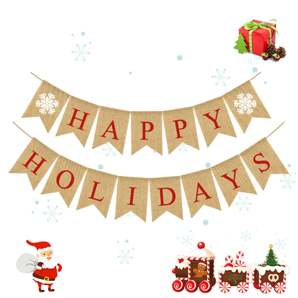 

Christmas Burlap Banners Party Decoration Flags Linen Garland Snowflake Print Swallowtail Bunting Reusable Festive Flags For