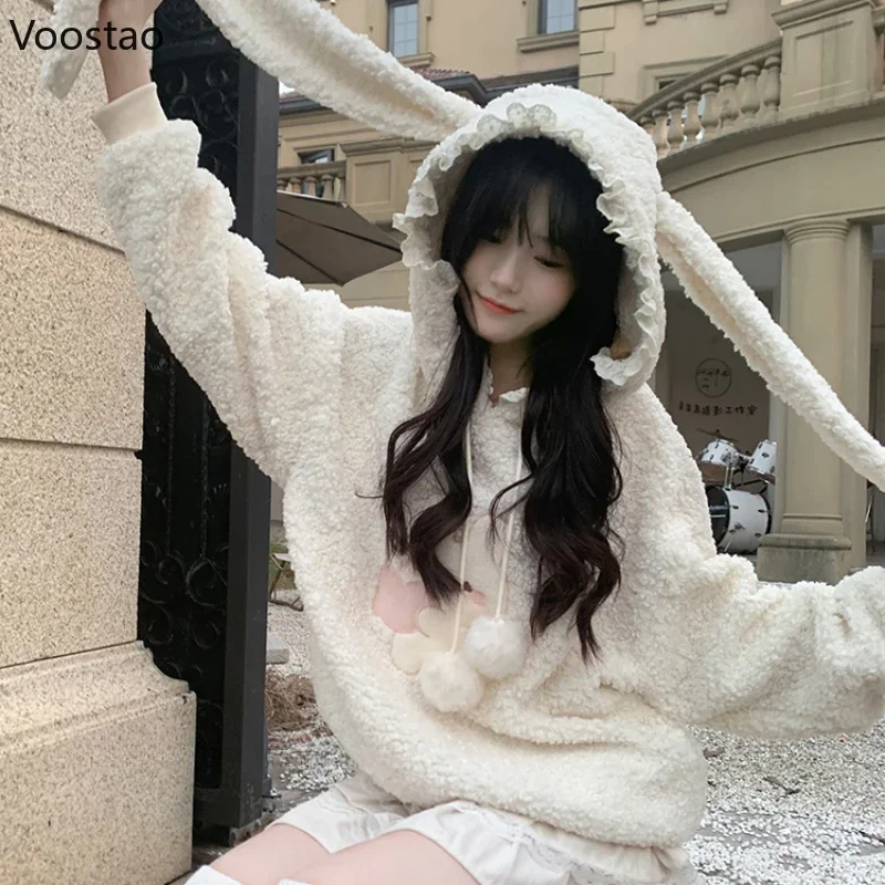 Japanese Sweet Lolita Style Lambswool Hoodies Women Cute Bunny Long Ears Hooded Sweatshirts Korean Rabbit Embroidery Loose Coat