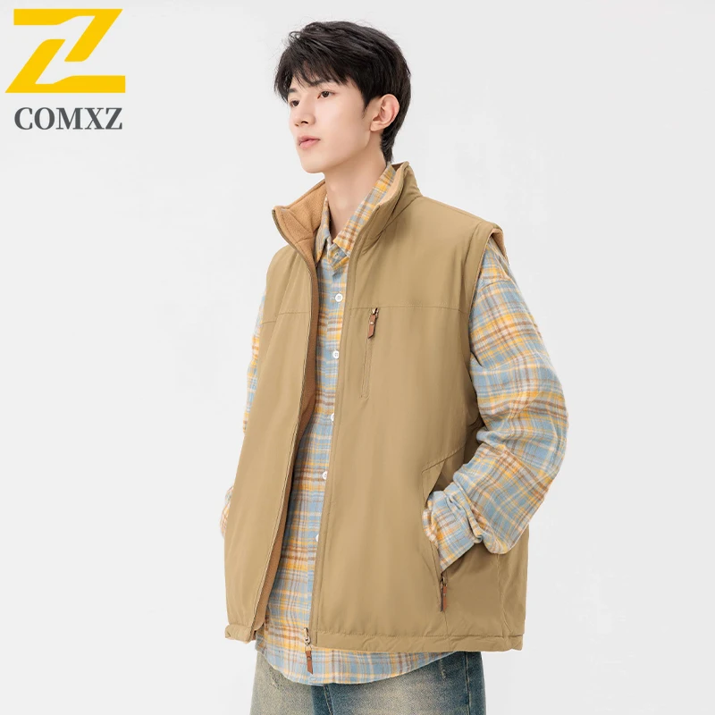 Nieuwe heren dubbelzijdig fleece vest harajuku fotografie vissen dikke mouwloze jas 2025, winter koudebestendige mouwloze vesten