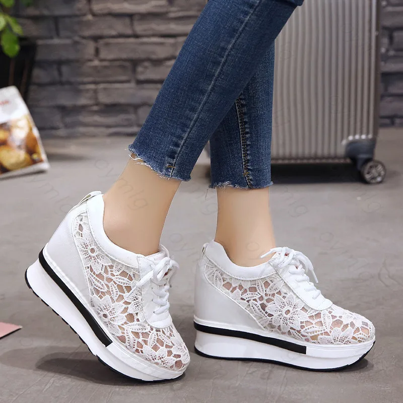 Hot Sales 2022 Summer New Lace Breathable Sneakers Women Shoes Comfortable Casual Woman Platform Wedge Shoes